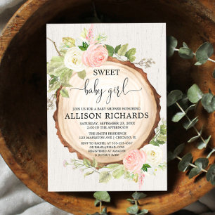 Rustic floral girl baby shower woodland blush pink invitation