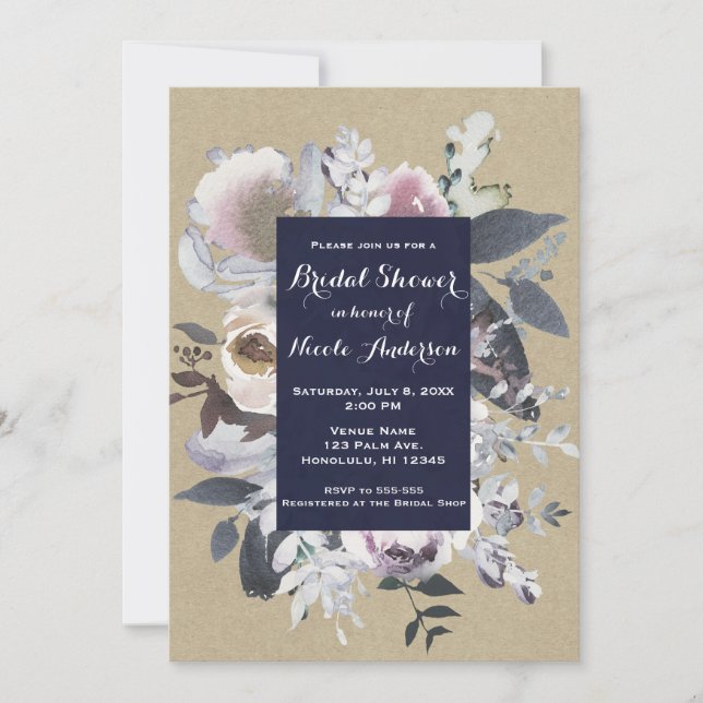 Rustic Floral Glam Navy Kraft Bridal Shower Chic Invitation (Front)