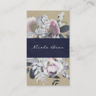 Rustic Floral Glam Navy Kraft Modern Chic Business Card