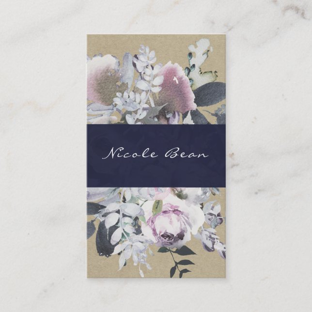 Rustic Floral Glam Navy Kraft Modern Chic Business Card (Front)