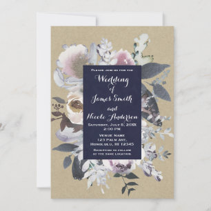 Rustic Floral Glam Navy Kraft Wedding Invitations