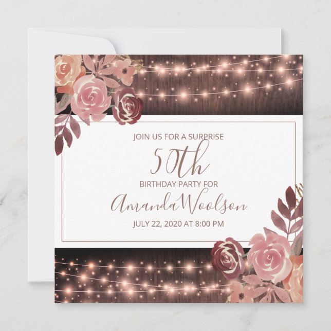 Rustic Floral Glowing String Lights Birthday Party Invitation (Front)