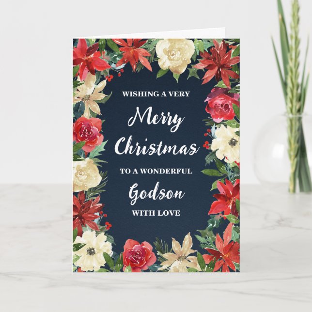 Rustic Floral Godson Merry Christmas Card (Front)
