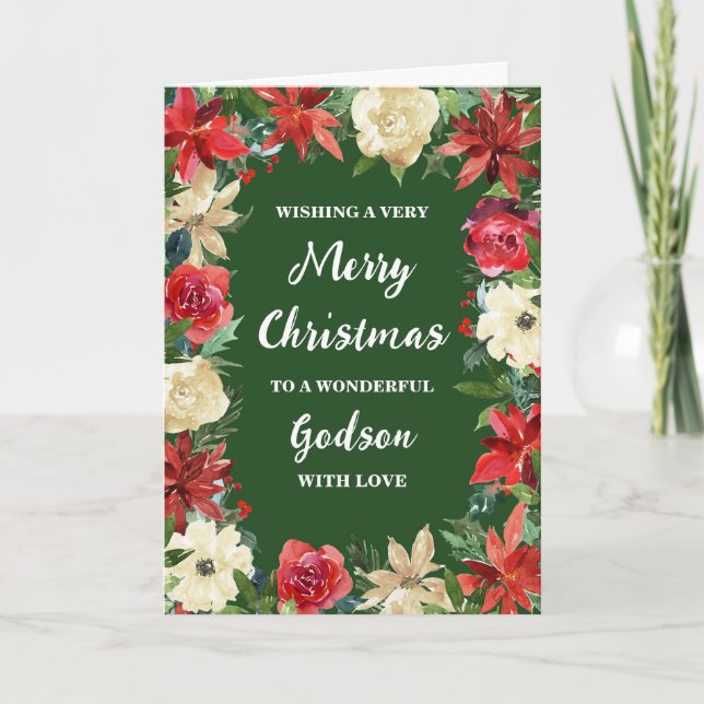 Rustic Floral Godson Merry Christmas Card (Front)
