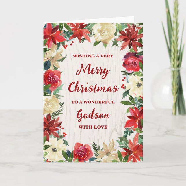 Rustic Floral Godson Merry Christmas Card (Front)