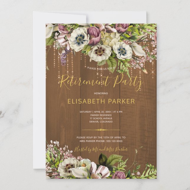 Rustic floral gold barn wood fall retirement party invitation (Front)