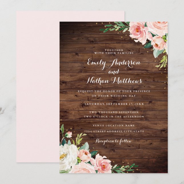 Rustic Floral Gold Blush Wedding Invitation (Front/Back)
