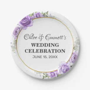 Rustic Floral Gold Border Light Purple Rose Weddin Paper Plate