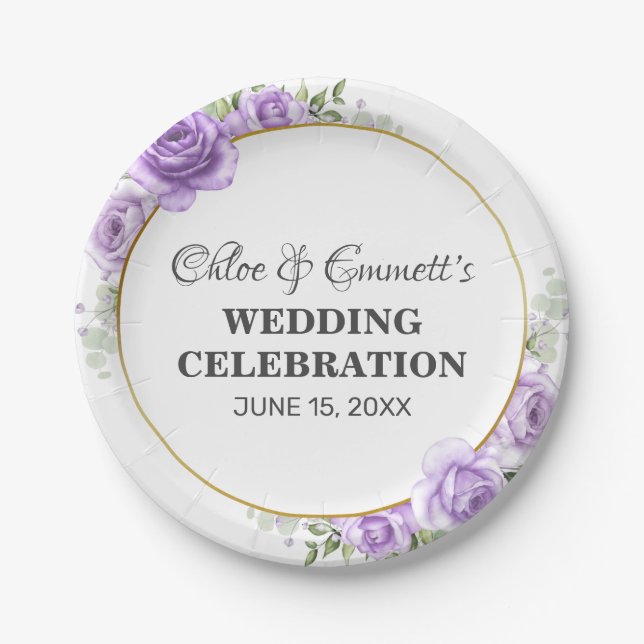 Rustic Floral Gold Border Light Purple Rose Weddin Paper Plate (Front)
