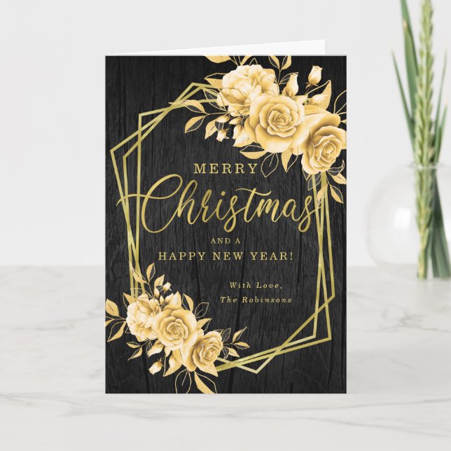 Rustic Floral Gold Christmas Holiday Wishes Card (Front)