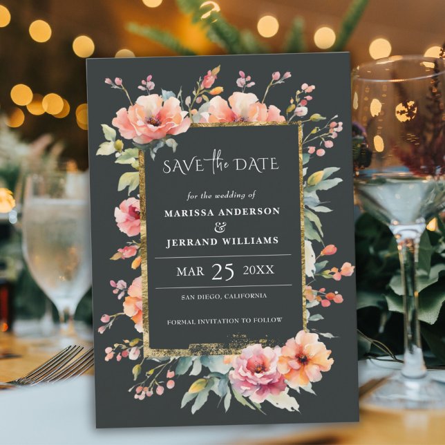 Rustic Floral Gold Frame Photo Save the Date Card (Rustic Floral Gold Frame Photo Save the Date Card)