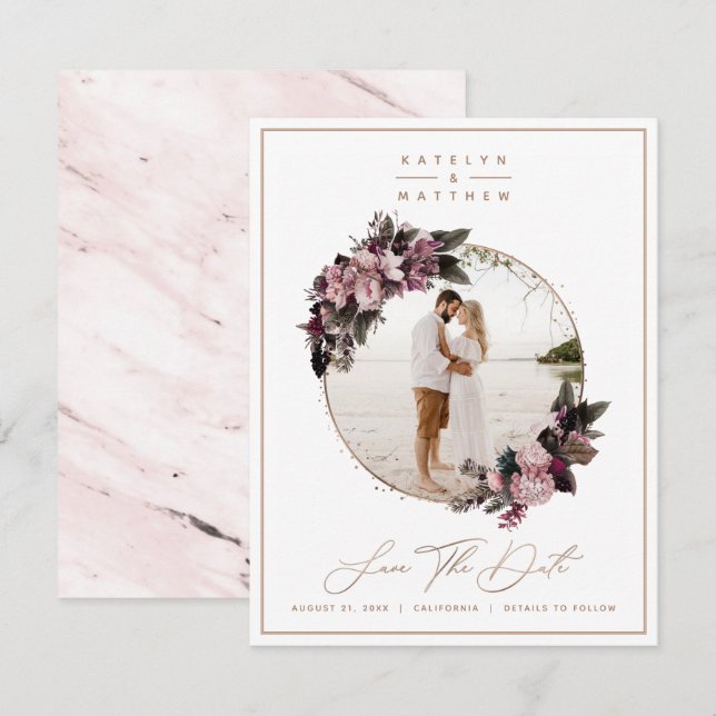 Rustic Floral Gold Framed Photo & Calligraphy Save The Date (Front/Back)