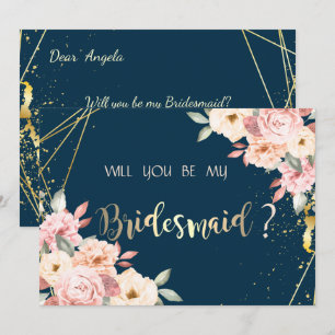 Rustic Floral, Gold Navy Blue  Bridesmaid Card