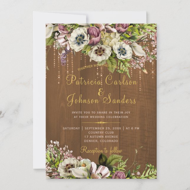 Rustic floral gold script autumn fall wood wedding invitation (Front)