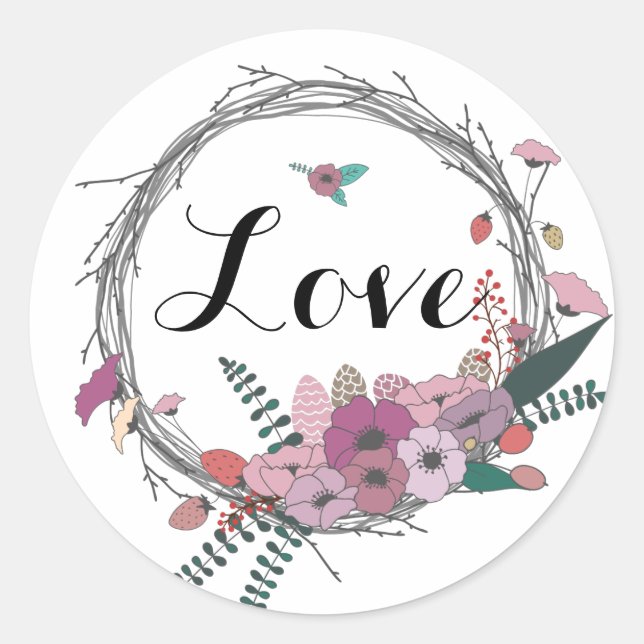 Rustic Floral Grapevine Wreath, Love Classic Round Sticker (Front)