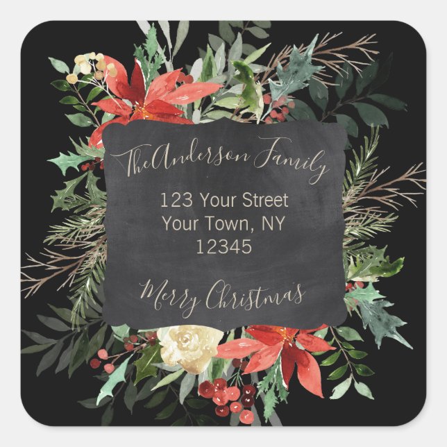 Rustic Floral Green Black Merry Christmas Address Square Sticker (Front)