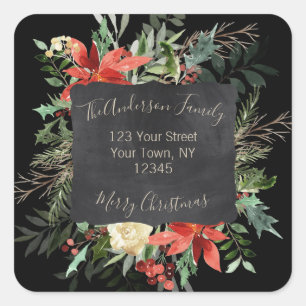 Rustic Floral Green Black Merry Christmas Address Square Sticker