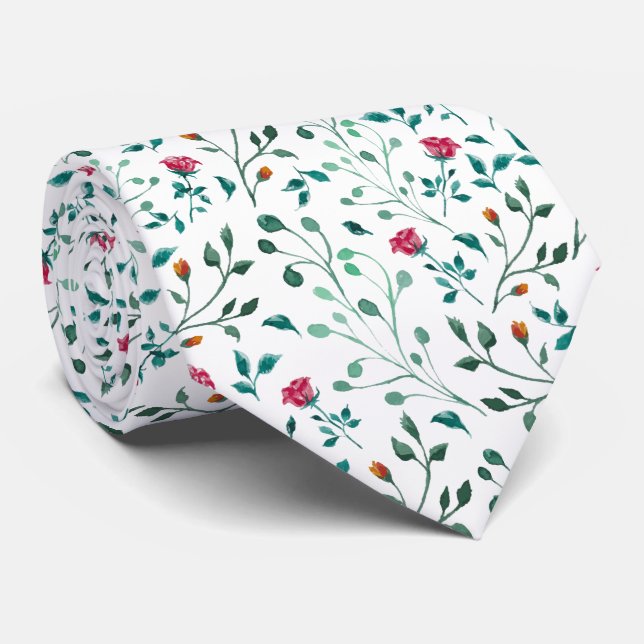 Rustic Floral & Green Foliage Pattern | Wedding Tie (Rolled)