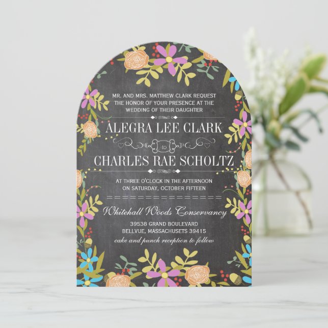Rustic Floral Greenery Chalkboard Wedding Invitation (Standing Front)