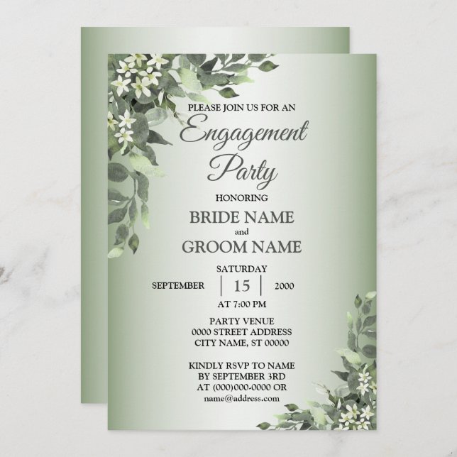 Rustic Floral Greenery Leaves Engagement Party Invitation (Front/Back)