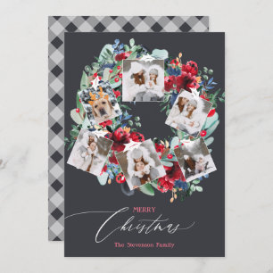 Rustic floral grey 6 photos Christmas wreath Holiday Card