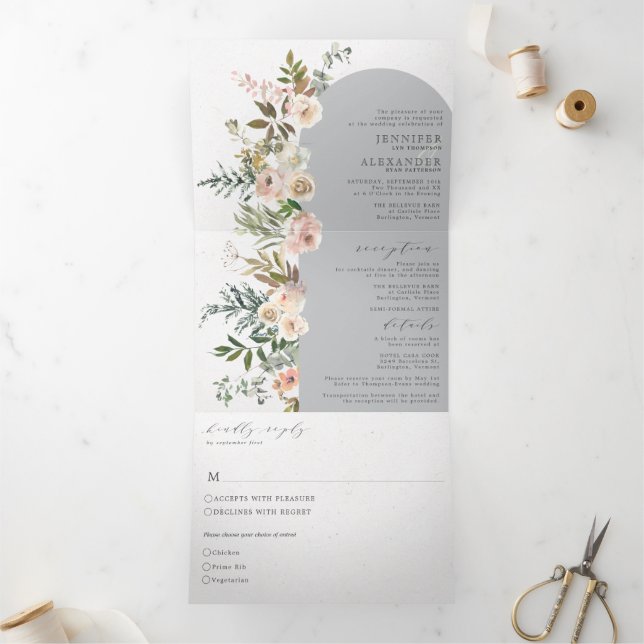 Rustic Floral Grey All in One Wedding Tri-Fold Invitation (Inside)