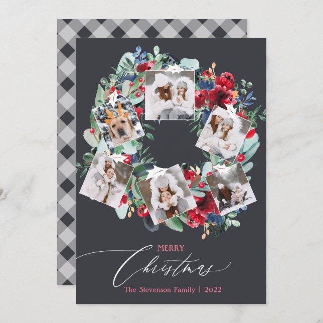 Rustic floral grey Christmas wreath 6 photos Holiday Card (Front/Back)