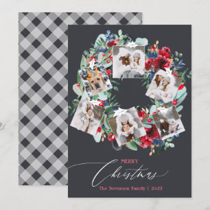 Rustic floral grey Christmas wreath 6 photos Holiday Card