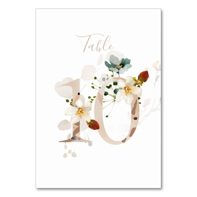 Rustic Floral Handwritten Script 10 Wedding Table Number (Front)