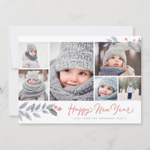 Rustic Floral Happy New Year  Multi-Photo Collage Holiday Card