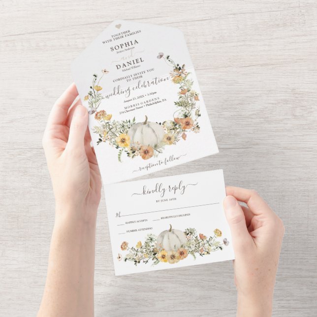 Rustic Floral Harvest Fall Pumpkin Wedding All In  All In One Invitation (Tearaway)