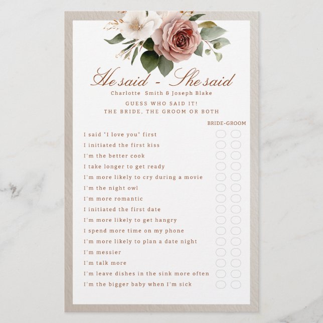 Rustic Floral He Said She Said Bridal Shower Game (Front)