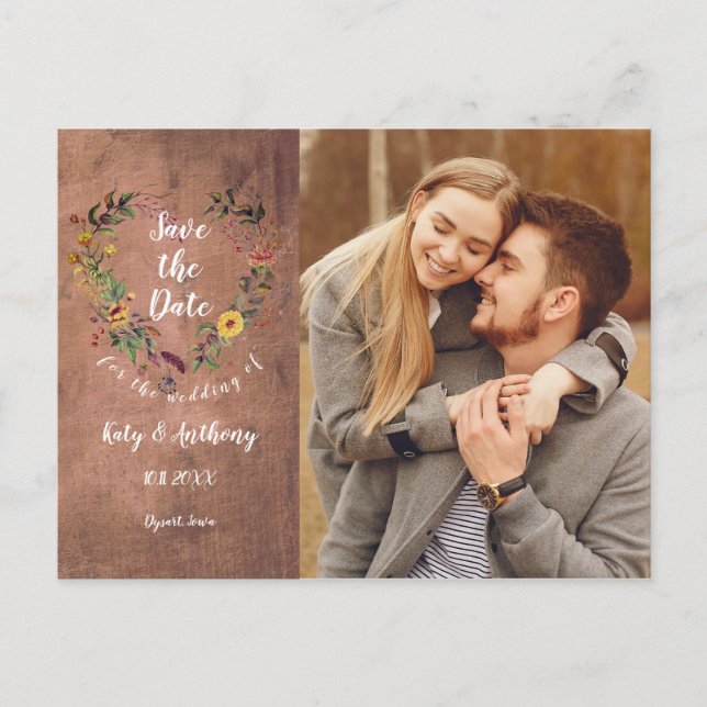 Rustic Floral Heart Photo Wedding Save the Date  Announcement Postcard (Front)