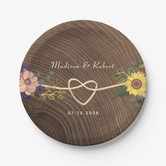 Rustic Floral Heart Wedding Paper Plate (Front)