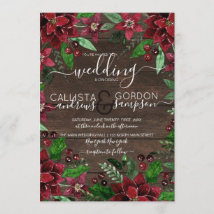 Rustic Floral Holly Ivy Watercolor Wood Wedding Invitation