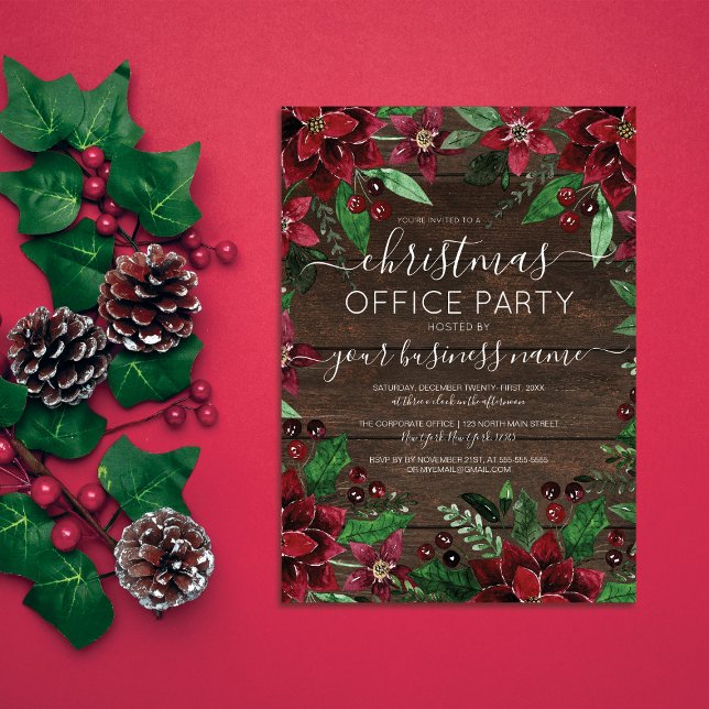 Rustic Floral Holly Ivy Wood Corporate Christmas Invitation (Creator Uploaded)