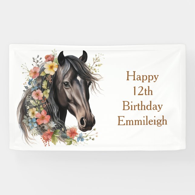 Rustic Floral Horse 12th Birthday Banner (Horizontal)