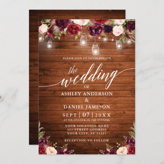 Rustic Floral Jar Lights Calligraphy Photo Wedding Invitation (Front/Back)