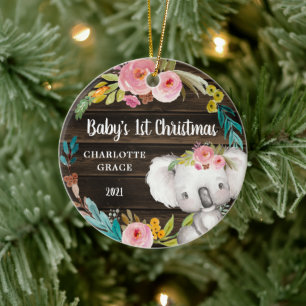 Rustic Floral Koala Baby's First Christmas Ceramic Ornament