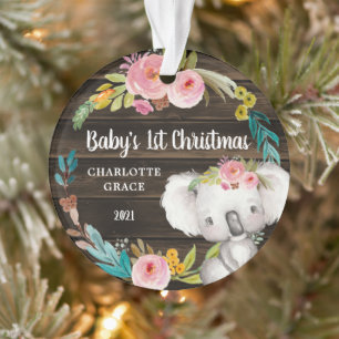 Rustic Floral Koala Baby's First Christmas Ornament