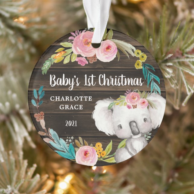 Rustic Floral Koala Baby's First Christmas Ornament (Tree)