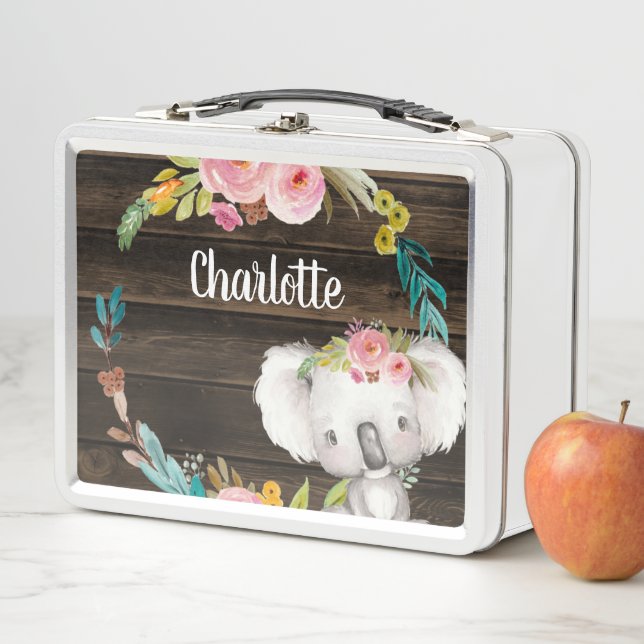 Rustic Floral Koala Personalised Girls Metal Lunch Box (In Situ)