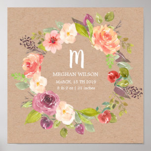 Rustic floral kraft Personalised Baby Birth Poster