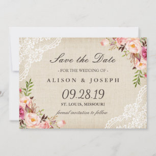 Rustic Floral Lace Ivory Burlap Save the Date