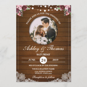 Rustic Floral Lace Wedding Wood Photo Personalise Invitation