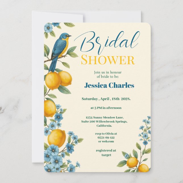 Rustic floral lemon & bluebird bridal shower invitation (Front)