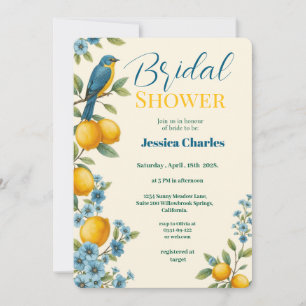 Rustic floral lemon & bluebird bridal shower invitation