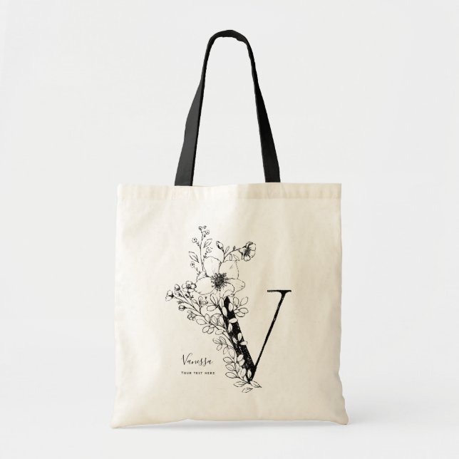 Rustic floral Letter V personalised gift monogram Tote Bag (Front)