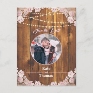 Rustic Floral Light String Wood Save the Date Card