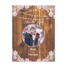 Rustic Floral Light String Wood Save the Date Card